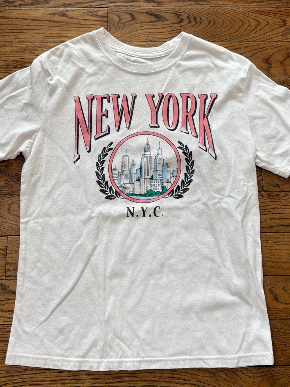 Mighty Fine White New York N.Y.C. Graphic Tee with Pink Accents